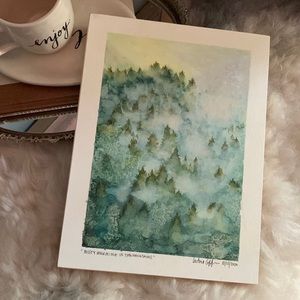 “Misty Morning in the Mountains” watercolor mounted on birch board 12”x9”